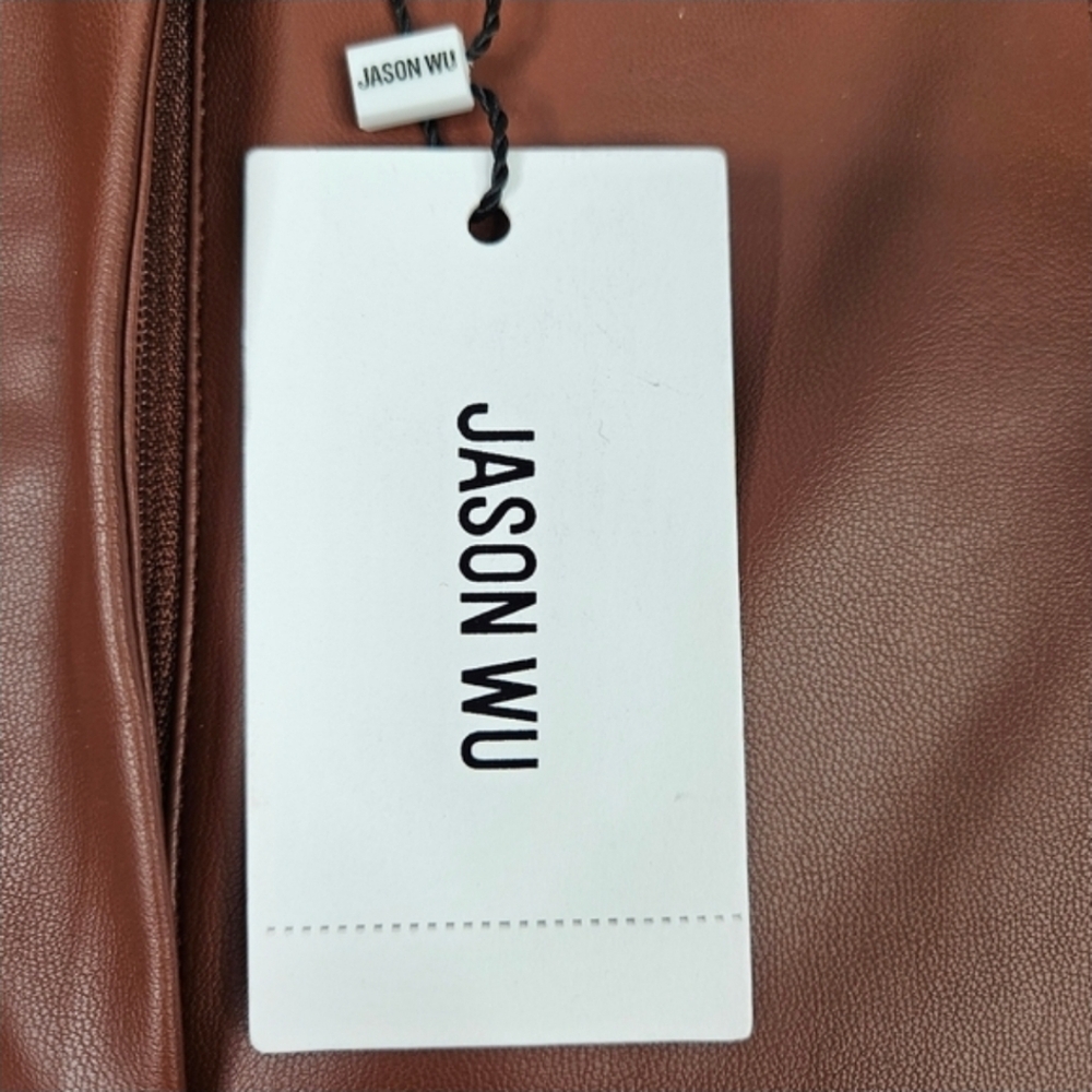 NEW Jason Wu High Rise Faux Leather Pant Slim Fit Slit Hem Caramel Medium - Picture 4 of 16